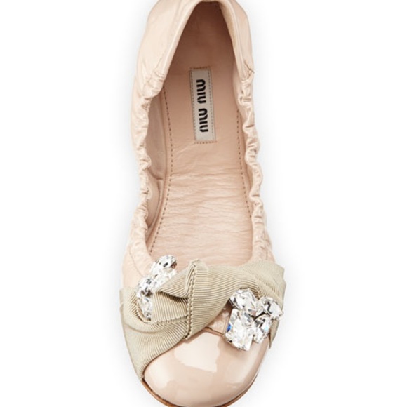 Miu Miu Shoes - Miu Miu Nude Crystal Bow Patent Ballet Flat 38.5